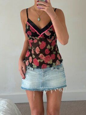 Women’s Vintage Y2K Rose Floral Print Sheer Mesh Cami Camisole With Pink Bow